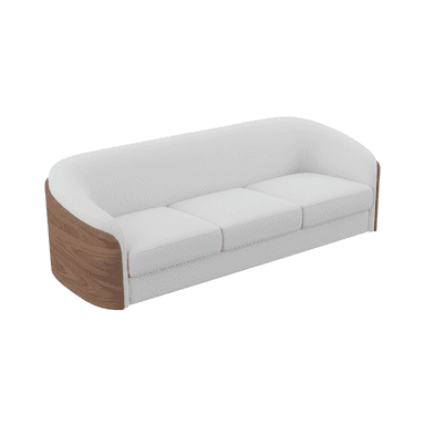 A three-seater sofa with a curved silhouette. The sofa features upholstered cushioning in a light neutral color and is accented with curved, wooden end panels that provide a contrasting aesthetic and structural support. — 3D model (AI enhanced source)