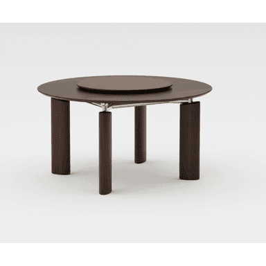 A contemporary round dining table crafted from dark-stained wood. It features a circular main tabletop with a smaller, rotating circular tray (Lazy Susan) embedded in its center. The table stands on four thick, cylindrical wooden legs, which are connected to the tabletop with subtle brass-toned metal fixtures, providing both structural support and a decorative accent. — 3D model (AI enhanced source)