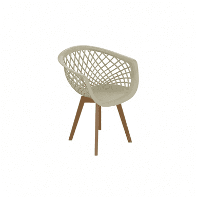A contemporary dining chair featuring a molded plastic shell with an open lattice pattern on the back and integrated armrests. The seat is solid, and the chair is supported by four splayed wooden legs. The shell is a light beige/cream color, and the legs are a natural wood tone. — 3D model (AI enhanced source)