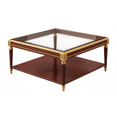 A square coffee table featuring a clear glass top, a dark wooden frame with a lower shelf, and intricate gilded brass ornamentation including trim, fluted legs, and decorative corner capitals. — 3D model (AI enhanced source)