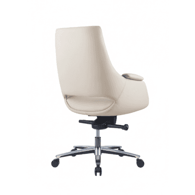 A cream-colored executive office chair featuring a padded, contoured backrest and seat, with integrated padded armrests. It sits on a five-star chrome-plated metal base with black caster wheels, indicating mobility and a swivel function. A lever for height and tilt adjustment is visible beneath the seat. — 3D model (AI enhanced source)
