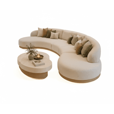 A contemporary curved modular sectional sofa in a light beige fabric, featuring a wooden base with subtle integrated lighting. It is configured with multiple curved sections and an ottoman-like extension, accompanied by an organically shaped, two-tiered coffee table with a matching wooden base and lighting. — 3D model (AI enhanced source)