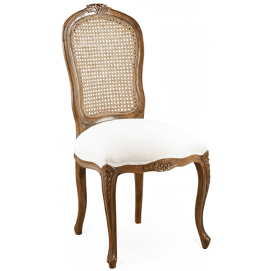 An elegant dining chair in a French Rococo style, featuring a rich brown wooden frame with intricate carvings. The backrest is gently curved, incorporating a woven cane panel for a light, airy aesthetic. The seat is upholstered in a plain white fabric, providing a clean contrast to the ornate frame. The chair stands on gracefully curved cabriole legs, characteristic of the Rococo period, with additional carving details on the seat rail. — 3D model (AI enhanced source)
