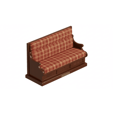 A high-back seating unit featuring a dark wooden frame and a red and beige plaid upholstered seat and back. The backrest has three horizontal rolls, and the wooden base includes paneled detailing and a small brass plaque. — 3D model (AI enhanced source)