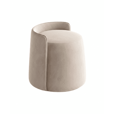 A contemporary, plush upholstered ottoman in a cylindrical form, featuring a low, integrated backrest. It is covered in a soft, beige velvet fabric and accented with a thin metallic gold piping along the edges of the backrest. — 3D model (AI enhanced source)