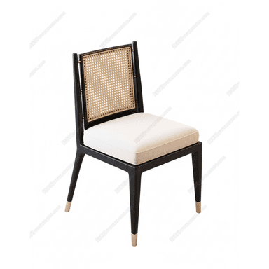A modern dining chair featuring a dark-stained wooden frame, a woven cane back panel, and a thick, upholstered seat cushion in a light, neutral fabric. The chair has a minimalist profile with subtly tapered legs, accented with metallic caps at the feet. — 3D model (AI enhanced source)