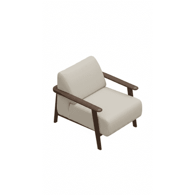 A modern upholstered armchair featuring an exposed dark wood frame that forms the armrests and supports the seat. The upholstery is a light, neutral fabric, likely cream or off-white, with a subtle textured weave. The chair has a relatively compact footprint with a slightly angled backrest and straight legs, suggesting a comfortable yet refined seating position. — 3D model (AI enhanced source)
