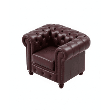 A classic Chesterfield-style armchair upholstered in deep red or burgundy leather, featuring characteristic deep button tufting on the backrest and rolled arms. The front facade of the arms and the lower front panel of the chair are adorned with decorative brass nailhead trim. It sits on four turned, dark wood feet. — 3D model (AI enhanced source)
