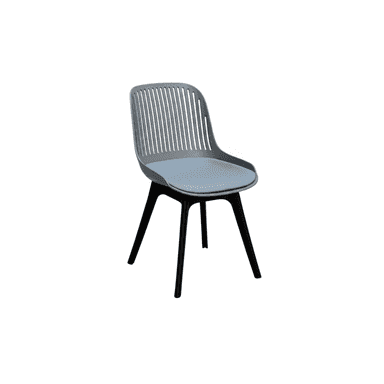 A contemporary dining chair featuring a grey molded plastic shell with a distinctive slatted back design. The seat is fitted with a light blue fabric-covered padded cushion. The chair is supported by four splayed legs finished in black. — 3D model (AI enhanced source)