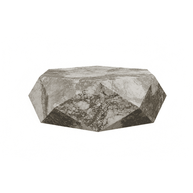 A low-profile, hexagonal coffee table crafted entirely from natural marble, featuring a distinctive faceted design. The marble exhibits a striking veined pattern in shades of white, grey, and brown. — 3D model (AI enhanced source)