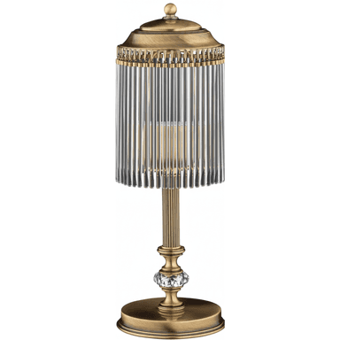 An ornate table lamp featuring an antique brass finish, a fluted central column, a faceted crystal sphere accent, and a cylindrical shade composed of vertical clear glass rods, set on a stepped circular base. — 3D model (AI enhanced source)