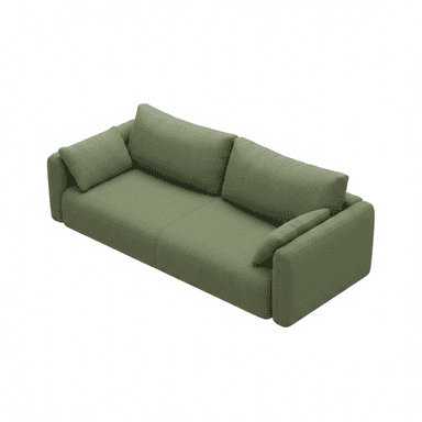 A contemporary two-seater sofa upholstered in a muted olive green ribbed fabric, featuring wide integrated arms and loose back cushions. — 3D model (AI enhanced source)
