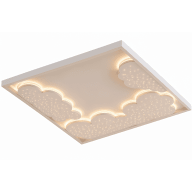 A square, white flush-mount LED ceiling light fixture featuring a whimsical cloud motif. The central panel is off-white with several cloud-shaped cutouts, each subtly backlit and embedded with numerous small LED lights to create a 'starry night' effect. The light provides a soft, warm glow around the cloud perimeters and a sparkling illumination within the cloud shapes. — 3D model (AI enhanced source)