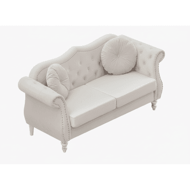 An elegant tufted chaise lounge featuring a high, curved backrest and a single scrolled armrest, upholstered in a light beige or cream fabric. The piece is characterized by deep button tufting on the back and inner arm, and decorative nailhead trim along the edges of the back, arm, and base. It has two removable seat cushions and includes two round, tufted bolster pillows. The chaise rests on four short, ornate silver-finished legs. — 3D model (AI enhanced source)