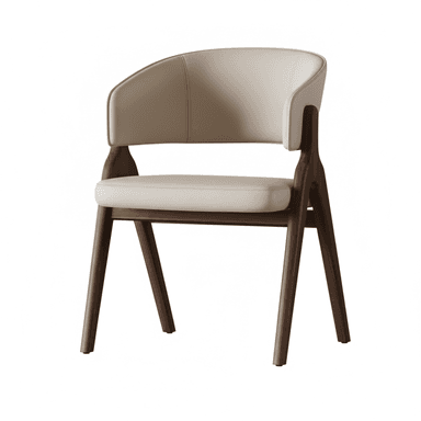 A modern armchair featuring a dark wood frame with slender, tapered legs and a light-colored upholstered seat and curved backrest, which also forms the armrests. — 3D model (AI enhanced source)
