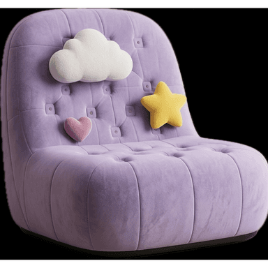 An armless lounge chair upholstered in a soft, plush lavender or lilac fabric. The backrest and seat feature deep button tufting, while the sides exhibit vertical channel tufting, contributing to a very soft and rounded aesthetic. Three decorative, soft pillows shaped like a white cloud, a yellow star, and a pink heart are attached to the backrest, suggesting a whimsical or child-friendly design. The chair appears low to the ground with a subtle base. — 3D model (AI enhanced source)