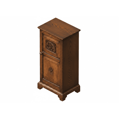 A small, dark brown wooden cabinet featuring a single door adorned with two distinct ornate carvings, equipped with a brass knob, and standing on a plinth base. — 3D model (AI enhanced source)