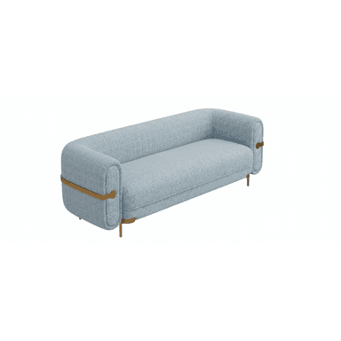 A contemporary three-seater sofa upholstered in a light blue textured fabric, featuring distinctively rounded armrests and backrest. The sofa is supported by slender, tapered brass-finished metal legs and includes decorative horizontal brass bars integrated into the outer sides of the armrests, adding a touch of metallic contrast to the soft upholstery. — 3D model (AI enhanced source)