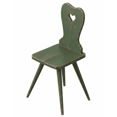 A rustic wooden chair with a distressed green painted finish, featuring a heart-shaped cutout in the backrest and splayed, tapered legs. — 3D model (AI enhanced source)