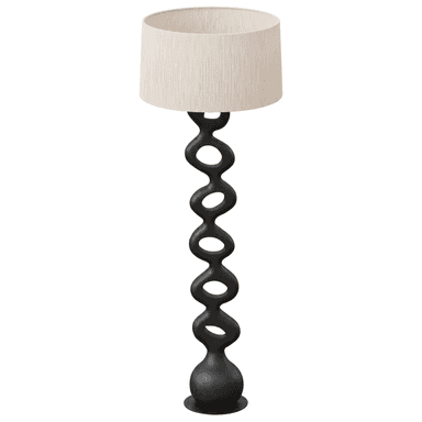 A contemporary floor lamp featuring a distinctive sculptural base composed of interconnected organic forms, finished in a matte black, topped with a plain cylindrical beige fabric drum shade. — 3D model (AI enhanced source)
