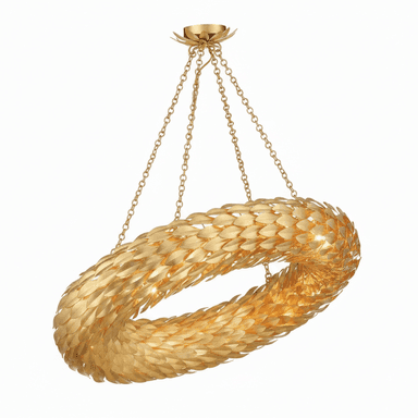 A circular, golden chandelier featuring numerous individual, overlapping leaf-like metallic elements. The toroidal structure is suspended from the ceiling by three chains connected to a decorative canopy, with light emanating from within the ring. — 3D model (AI enhanced source)