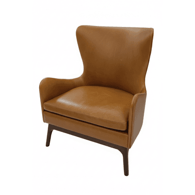 A contemporary high-back armchair upholstered in tan leather, featuring a comfortable padded seat cushion, integrated armrests, and four slender tapered dark wood legs. — 3D model (AI enhanced source)