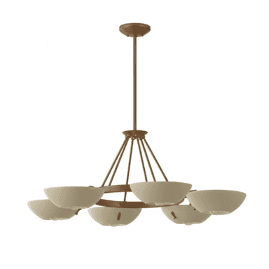 A contemporary chandelier featuring a brushed gold/brass finish and six opaque, cream-colored bowl-shaped shades. The fixture is suspended from a ceiling canopy by a rigid downrod, which connects to a central hub. From this hub, slender arms extend outwards and downwards to a circular frame, from which the six individual light shades are suspended, radiating evenly around the central axis. The shades are oriented upwards, suggesting an ambient or indirect light distribution. — 3D model (AI enhanced source)