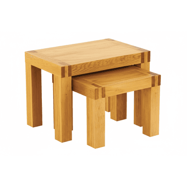 A set of two rectangular solid oak nesting tables. The larger table houses the smaller one underneath. Both tables feature thick, squared legs and tabletops, with prominent visible finger-joint style joinery at the corners. The wood has a natural, light brown finish. — 3D model (AI enhanced source)