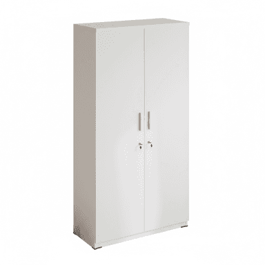 A tall, rectangular white storage cabinet featuring two full-height hinged doors. The doors are equipped with silver-colored cylindrical pull handles and individual locking mechanisms, indicated by visible keyholes and keys. The cabinet has a minimalist, functional design and rests on a low, recessed base with small black feet. — 3D model (AI enhanced source)