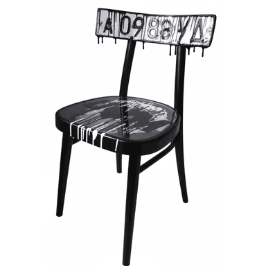 A black chair with a curved backrest adorned with a license plate featuring dripped black paint. The seat also has black and white abstract paint splatters. The chair has four legs and appears to be made of wood. — 3D model (AI enhanced source)
