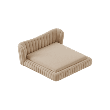 A contemporary low-profile daybed featuring plush, channel-tufted upholstery in a light beige or tan color. It presents a streamlined, minimalist form with a single integrated backrest on one side, also adorned with vertical channel tufting. The sleeping surface is flat and unadorned, suggesting a comfortable, minimalist design suitable for lounging or occasional sleeping. The base and sides are fully upholstered. — 3D model (AI enhanced source)