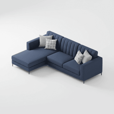 A modern L-shaped sectional sofa upholstered in a dark blue fabric. It features a left-facing chaise lounge, clean lines, and slender track arms. The backrest cushions are vertically channel-tufted, adding a textural design element. The sofa is supported by low-profile, dark-finished metal legs. Two decorative accent pillows, one grey and one with a geometric pattern, are included. — 3D model (AI enhanced source)