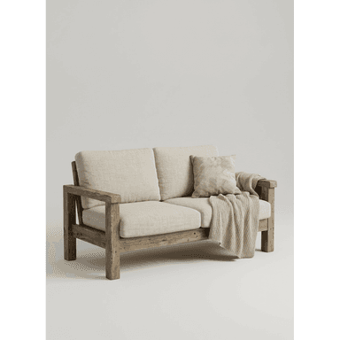 A two-seater sofa featuring a robust, exposed wooden frame with a rustic finish and light beige upholstered cushions, accompanied by a knitted throw and a decorative pillow. — 3D model (AI enhanced source)