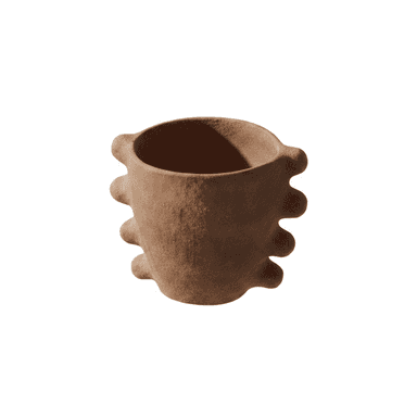 A rustic, short terracotta planter with a distinctive ribbed exterior, featuring an organic, hand-molded appearance. The unglazed surface has a textured, earthy finish, and the opening is wide and circular. The base is slightly narrower than the top, and the pronounced, rounded ribs wrap around the body of the vessel, giving it a unique, sculptural quality. — 3D model (AI enhanced source)
