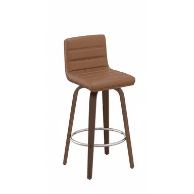 A modern swivel bar stool featuring a contoured seat and backrest upholstered in brown faux leather with horizontal ribbing. The stool is supported by four dark brown tapered wooden legs, connected by a circular chrome-finished metal footrest. — 3D model (AI enhanced source)