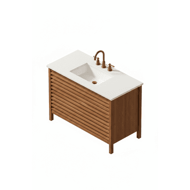 A contemporary single bathroom vanity unit featuring a natural wood cabinet with a slatted front, a white stone composite countertop, an integrated rectangular sink, and a three-piece bronze-finished widespread faucet. — 3D model (AI enhanced source)