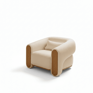 A contemporary armchair with a rounded, sculptural silhouette. It features a boucle-like textured upholstery in a light cream color and is accented with curved wooden panels on the sides. A single, small cushion is placed on the seat. The base is a low-profile wooden frame. — 3D model (AI enhanced source)