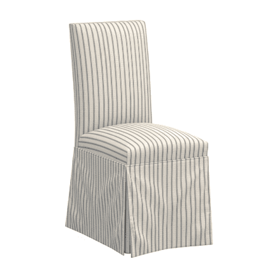 A dining chair upholstered in a striped fabric. The chair features a tall, straight back and a seat that extends into a pleated skirt around the base. The fabric has a pattern of thin, vertical dark blue stripes on an off-white background. — 3D model (AI enhanced source)