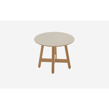 A small round table with a light grey top and three splayed natural wood legs connected by cross-braces. — 3D model (AI enhanced source)
