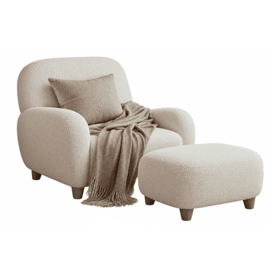A contemporary lounge chair and matching ottoman upholstered in cream-colored boucle fabric. The chair and ottoman feature soft, rounded forms and are supported by short, tapered wooden legs. A neutral-toned cushion and a patterned throw blanket are draped over the chair. — 3D model (AI enhanced source)