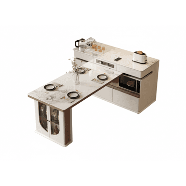 A modern kitchen island with a marble-patterned countertop that extends to form a dining table. The island incorporates storage cabinets, a built-in microwave, and features a smooth, sleek design. The extending table section has two place settings, suggesting it's designed for dining or serving. One section of the island features glass-fronted cabinets displaying bottles. — 3D model (AI enhanced source)