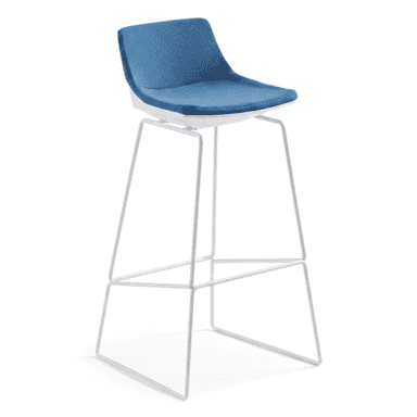 A modern bar stool featuring a sculpted blue upholstered seat and backrest, supported by a white minimalist wire frame base with an integrated footrest. — 3D model (AI enhanced source)