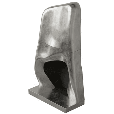 A modern, free-standing fireplace with an organic, sculptural form. It features a smooth, metallic-sheened exterior with a large, irregularly shaped opening at the front. The base is a flat, rectangular plinth. — 3D model (AI enhanced source)