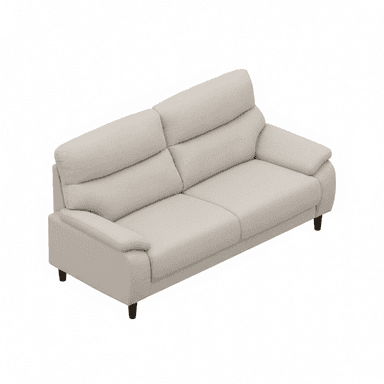 A light beige, modern two-seater sofa featuring plush, rounded cushioning and adjustable headrests for enhanced comfort. It has subtly tapered dark wooden legs and rolled, padded armrests. The sofa appears to be upholstered in a woven fabric. — 3D model (AI enhanced source)