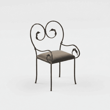 An ornate accent chair featuring a black wrought iron frame with scrolling details and a small, padded brown upholstered seat. The backrest forms a heart-like shape with stylized leaf motifs, echoed on the integrated armrests. The legs are slender and slightly curved, with small feet. — 3D model (AI enhanced source)