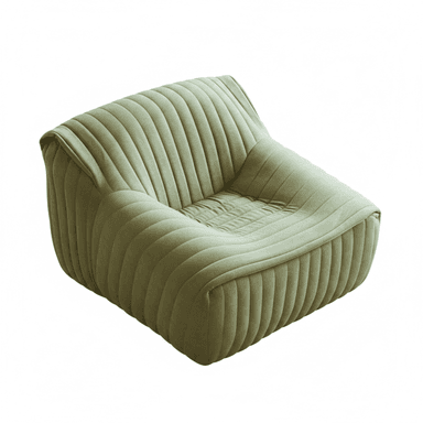 A fully upholstered lounge chair featuring vertical channel tufting across its entire surface. The chair has a low profile, a deep seat, and integrated armrests that seamlessly curve upwards from the seat to form the backrest. The design is minimalist and contemporary, emphasizing comfort and a soft, inviting aesthetic. The upholstery appears to be a plush fabric, likely velvet or a similar material, in a muted sage green color. — 3D model (AI enhanced source)