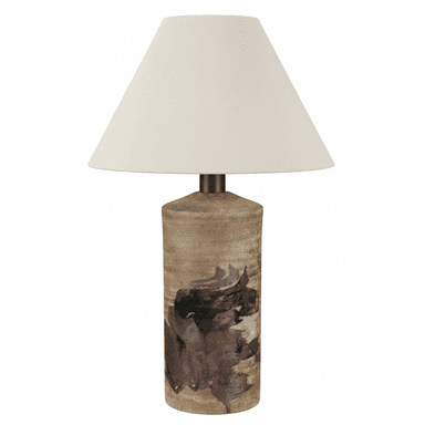 A table lamp featuring a cylindrical ceramic base with an abstract, earthy, and organic glazed pattern, topped with a plain conical fabric shade. The base exhibits varying shades of brown, black, and beige, creating a rustic and artistic aesthetic. A small metal neck connects the base to the shade. — 3D model (AI enhanced source)