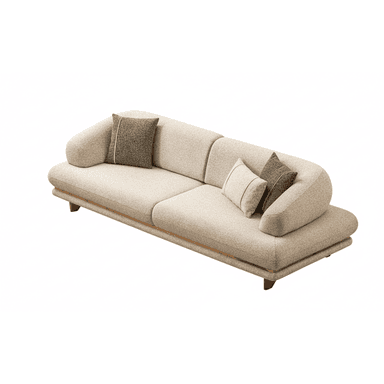 A contemporary low-profile sofa with a distinctive curved design, upholstered in a light beige textured fabric. It features a continuous, gently curved backrest and armrests, three seat cushions, and is supported by a recessed wooden base with visible trim along the bottom edge of the upholstery. Two decorative throw pillows in a darker gray fabric with light piping are included. — 3D model (AI enhanced source)