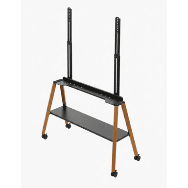 A modern mobile TV stand featuring an A-frame design with light wood legs, black metal components including a display mounting bracket and a lower storage shelf, all supported by caster wheels. — 3D model (AI enhanced source)