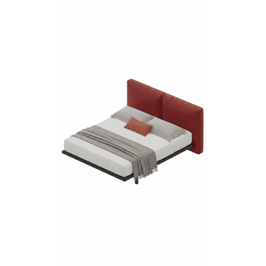 A modern bed frame with a low profile and a tall, segmented headboard. The frame appears to be made of dark material, possibly wood or metal, with a thin base. The headboard is upholstered in red material. The bed is dressed with a white mattress, two grey pillows, an orange accent pillow, and a grey throw blanket draped over the foot. — 3D model (AI enhanced source)